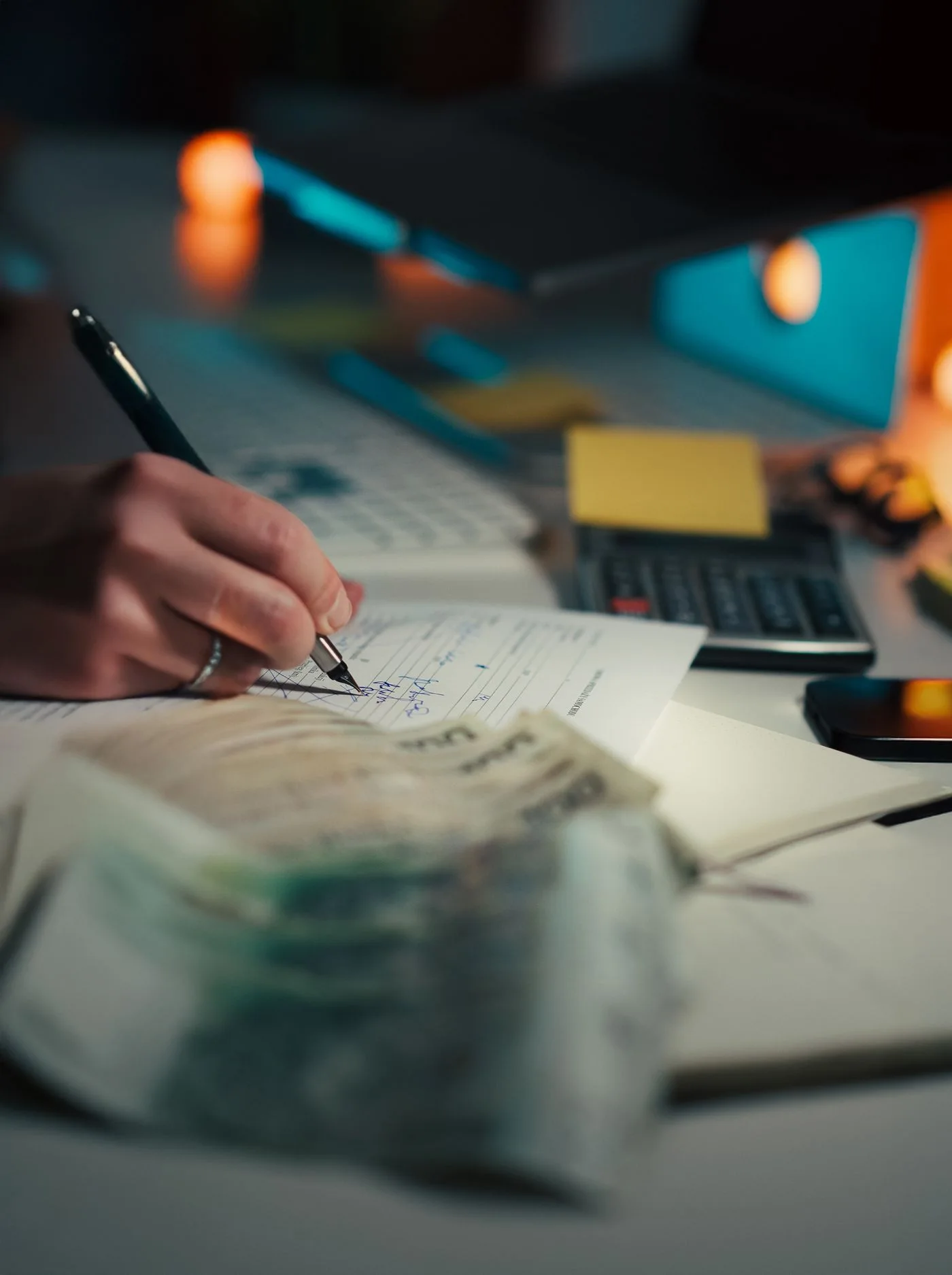 Close-up of hand writing on financial documents with a calculator, money, and dim office lighting.
